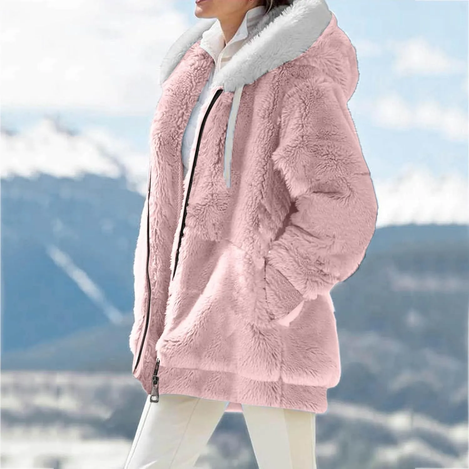 2024 Coats for Women Fuzzy Zip Up Hoodies Color Block Sweaters Coat Soft Sherpa Jackets Casual Warm Outwear with Pocket