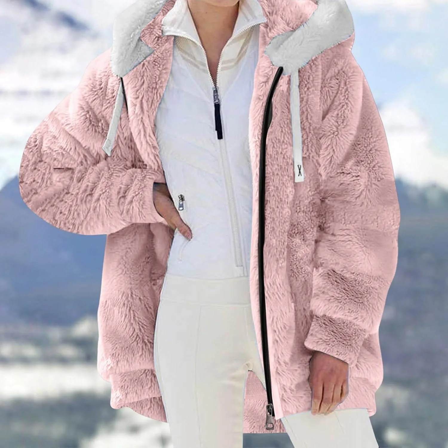 2024 Coats for Women Fuzzy Zip Up Hoodies Color Block Sweaters Coat Soft Sherpa Jackets Casual Warm Outwear with Pocket