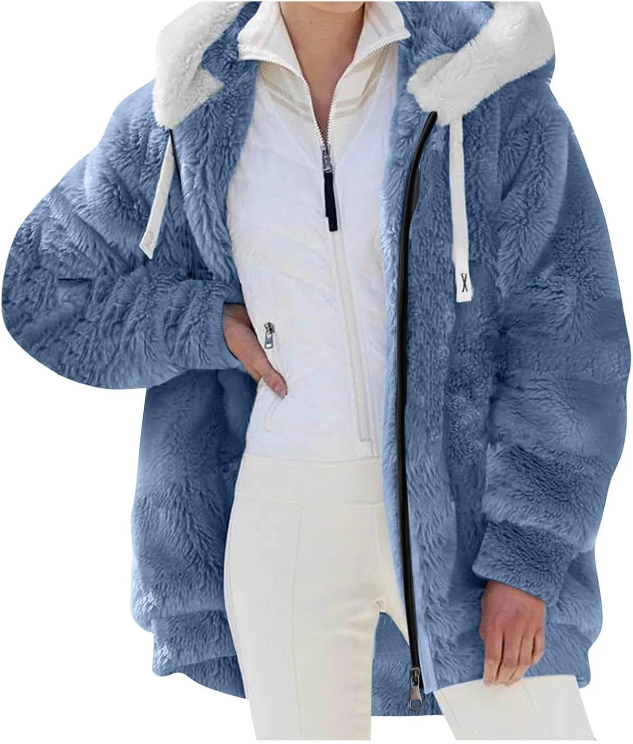 2024 Coats for Women Fuzzy Zip Up Hoodies Color Block Sweaters Coat Soft Sherpa Jackets Casual Warm Outwear with Pocket