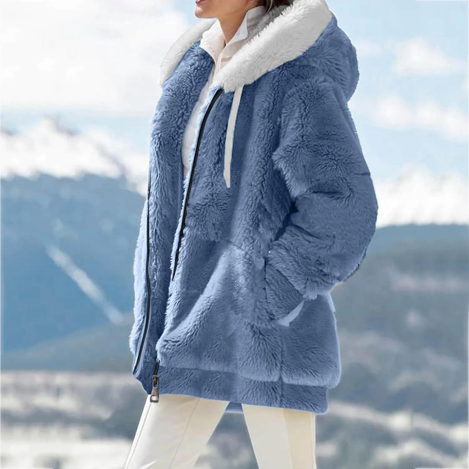 2024 Coats for Women Fuzzy Zip Up Hoodies Color Block Sweaters Coat Soft Sherpa Jackets Casual Warm Outwear with Pocket
