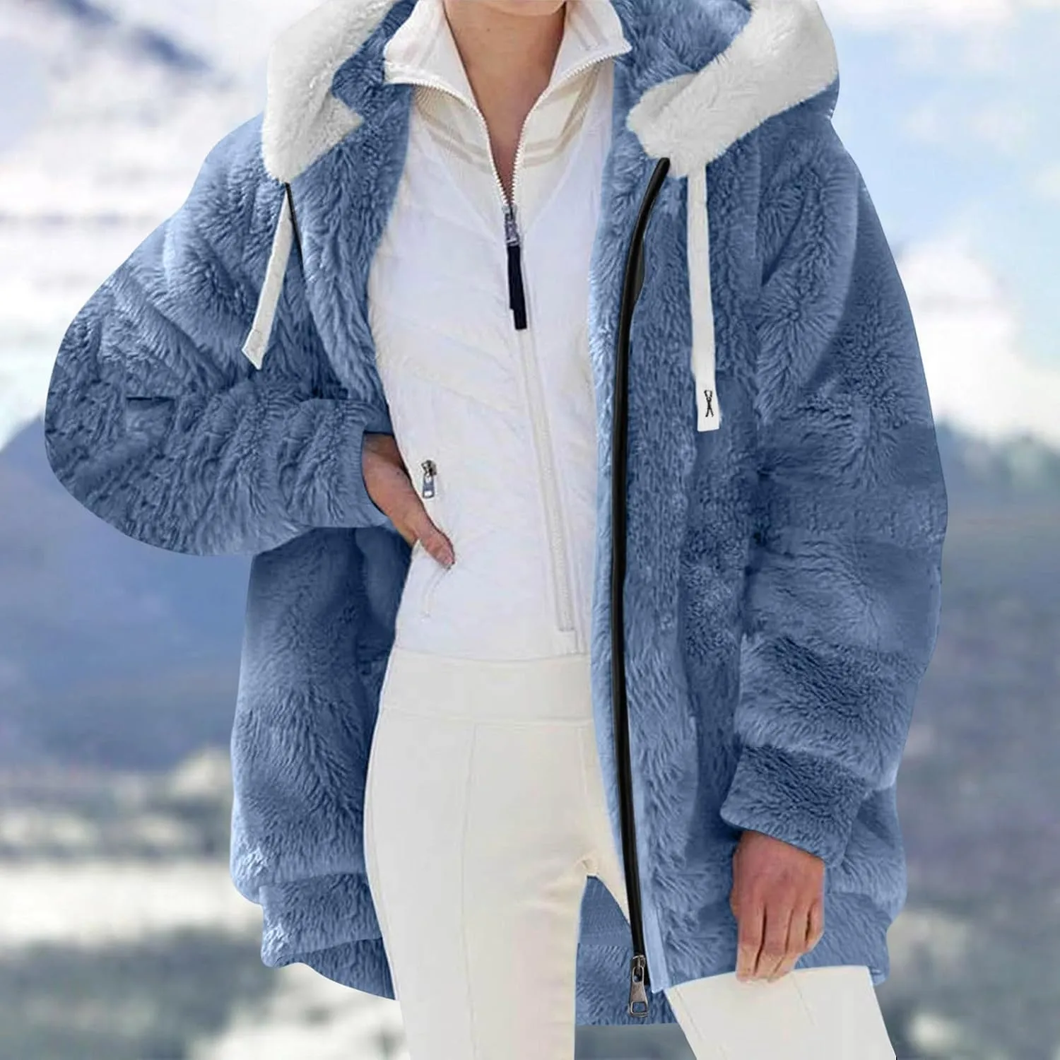 2024 Coats for Women Fuzzy Zip Up Hoodies Color Block Sweaters Coat Soft Sherpa Jackets Casual Warm Outwear with Pocket