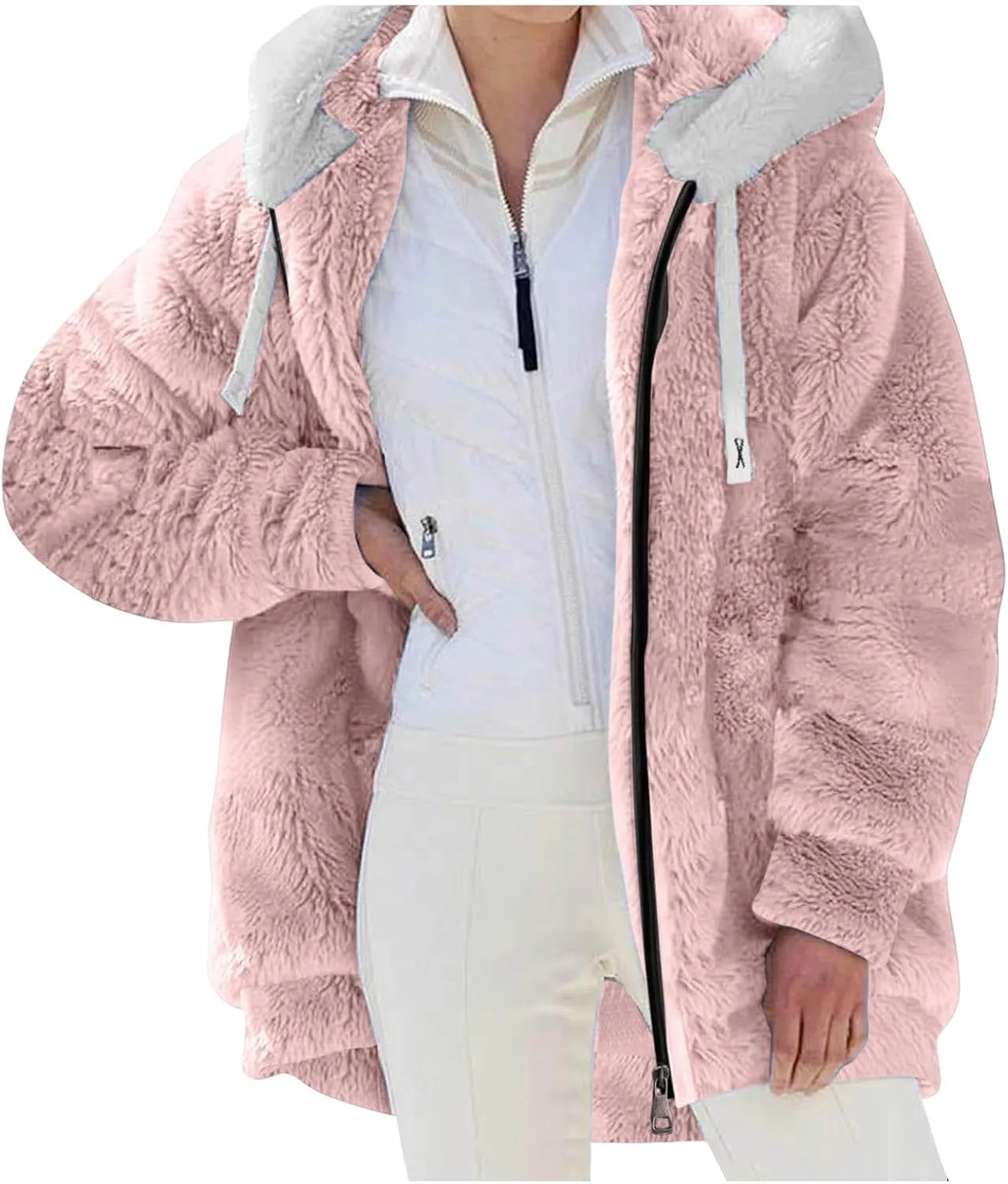 2024 Coats for Women Fuzzy Zip Up Hoodies Color Block Sweaters Coat Soft Sherpa Jackets Casual Warm Outwear with Pocket
