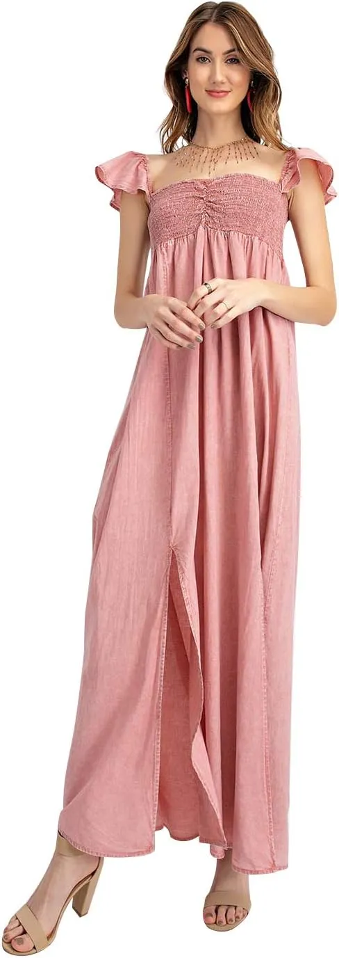 Anna-Kaci Women Smocked Loose Maxi Dress with Cap Sleeves Flowy Long Beach Vacation