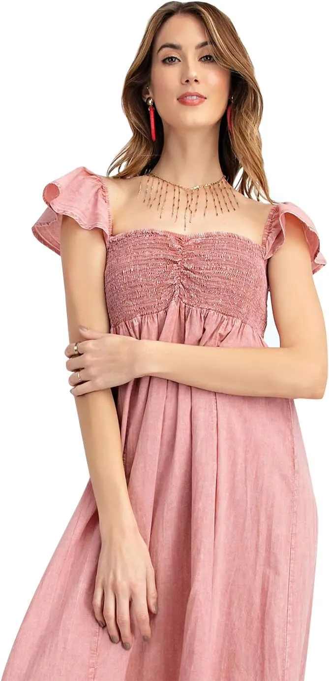 Anna-Kaci Women Smocked Loose Maxi Dress with Cap Sleeves Flowy Long Beach Vacation