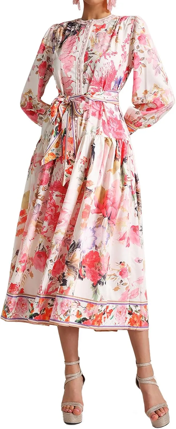 BELLA BARNETT Pink Floral Dress Midi Boho Dress Round Neck Printed Long Sleeve Dress Wrap Dress for Women
