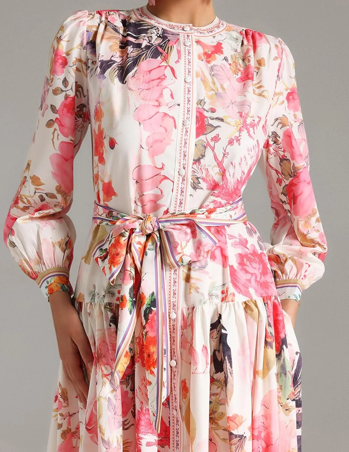 BELLA BARNETT Pink Floral Dress Midi Boho Dress Round Neck Printed Long Sleeve Dress Wrap Dress for Women