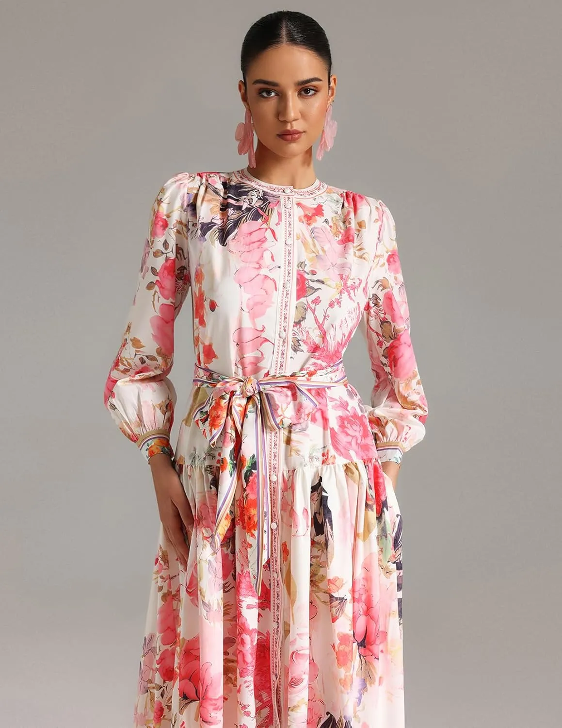 BELLA BARNETT Pink Floral Dress Midi Boho Dress Round Neck Printed Long Sleeve Dress Wrap Dress for Women