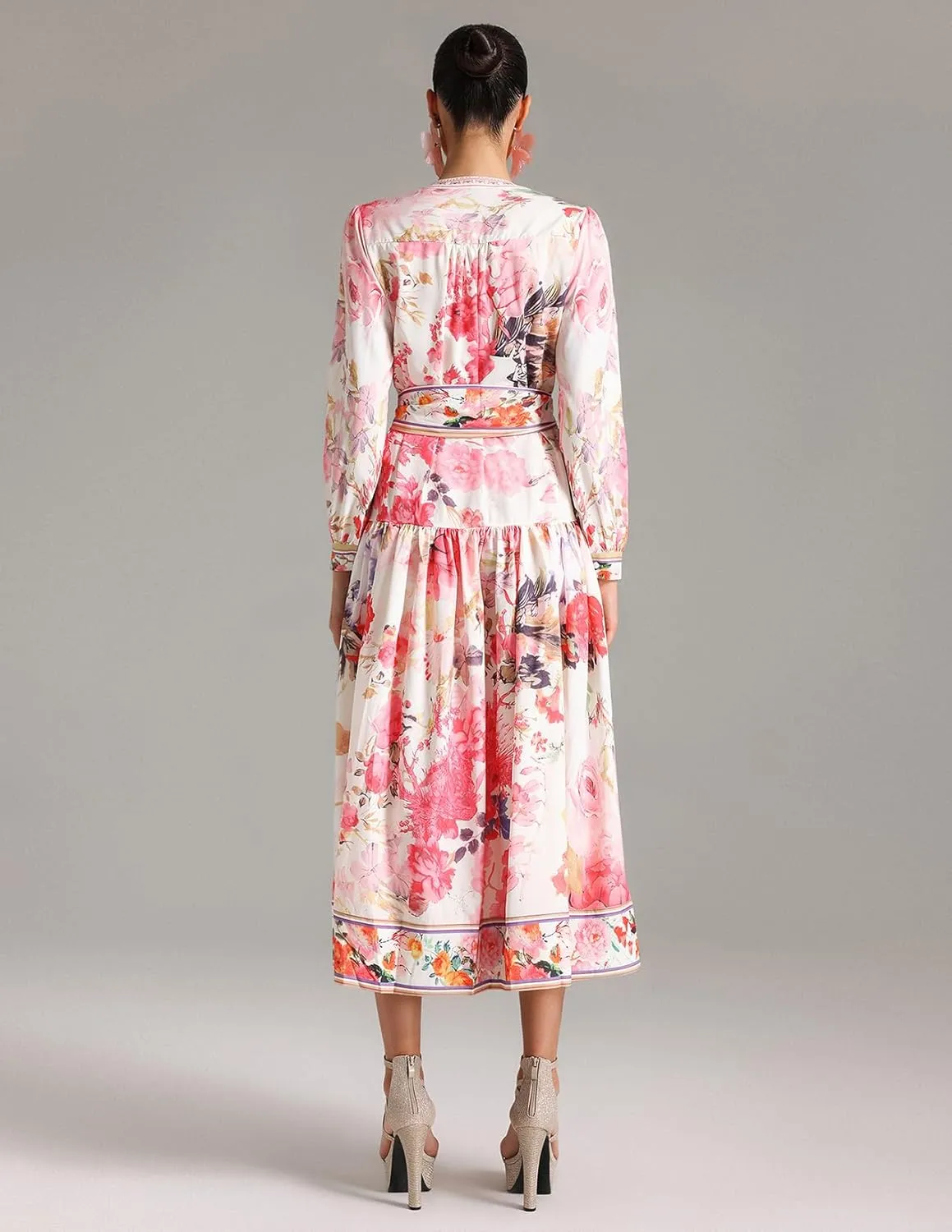 BELLA BARNETT Pink Floral Dress Midi Boho Dress Round Neck Printed Long Sleeve Dress Wrap Dress for Women