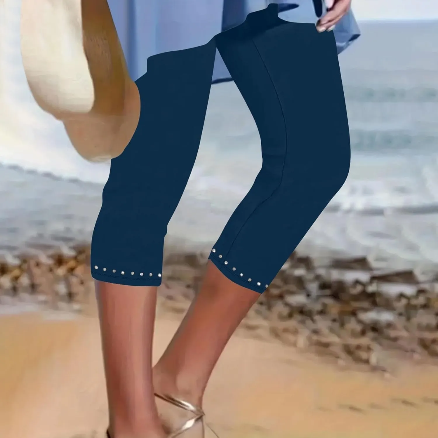 Capri Pants for Women 2025 High Waisted Rhinestone Trim Capri Leggings Workout Yoga Pants Comfy Compression Joggers