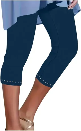 Capri Pants for Women 2025 High Waisted Rhinestone Trim Capri Leggings Workout Yoga Pants Comfy Compression Joggers