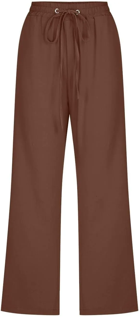 Capri Pants for Women 2025 Swmmer Elastic Waist Linen Pants Drawstring Straight Leg Capris Comfy Lounge Pants Trousers