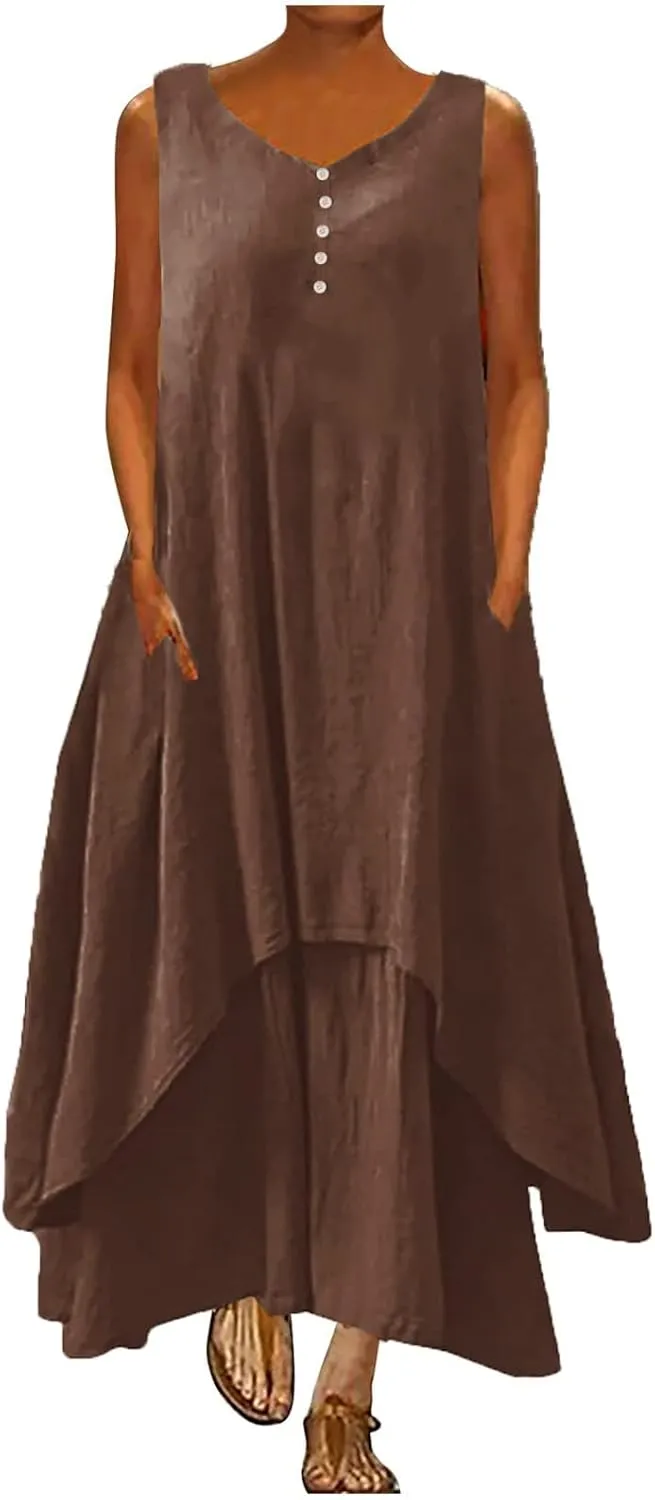 Ceboyel Women Irregular Hem Maxi Dress Cotton Linen Long Summer Dress Solid Color Boho Flowy Dress Beach Clothing 2023