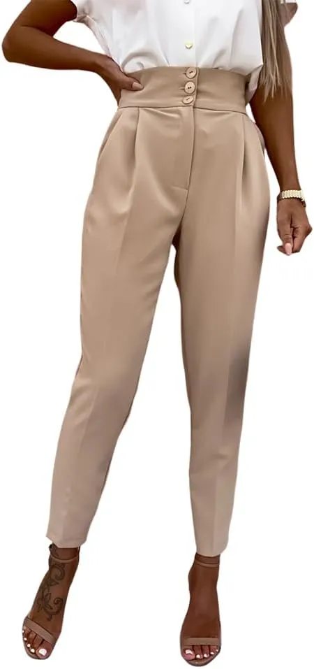 Cicy Bell Women Casual High Waisted Pants Straight Leg Work Office Dress Pants Fold Pleated Trousers with Pockets