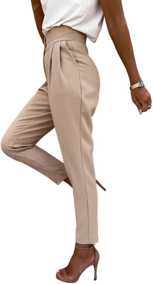 Cicy Bell Women Casual High Waisted Pants Straight Leg Work Office Dress Pants Fold Pleated Trousers with Pockets