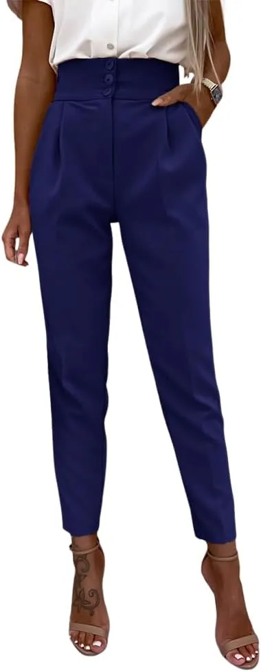 Cicy Bell Women Casual High Waisted Pants Straight Leg Work Office Dress Pants Fold Pleated Trousers with Pockets