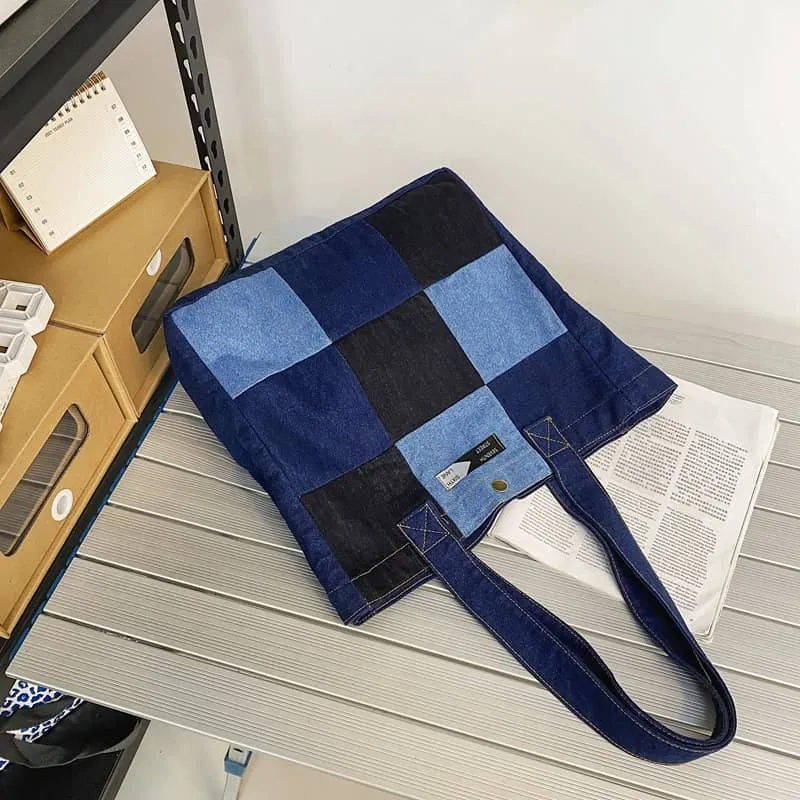 Color-block denim tote bag