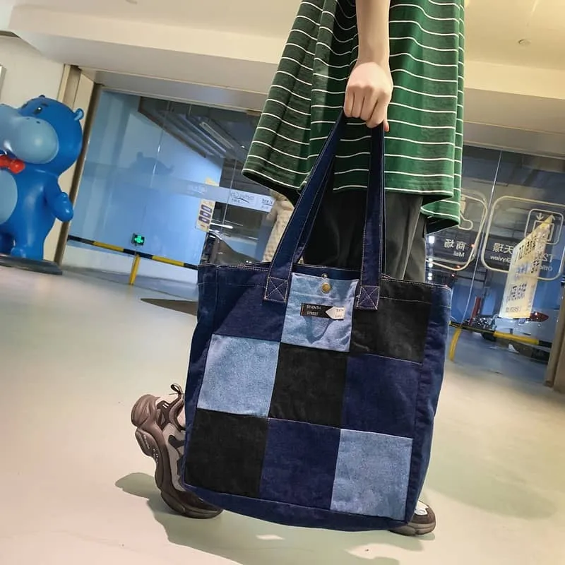 Color-block denim tote bag