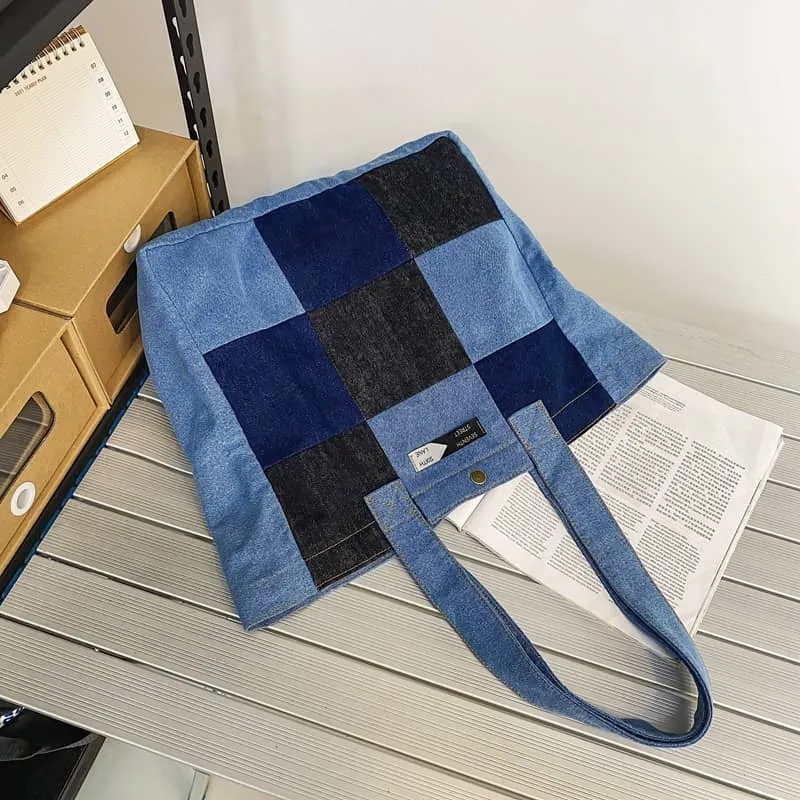 Color-block denim tote bag