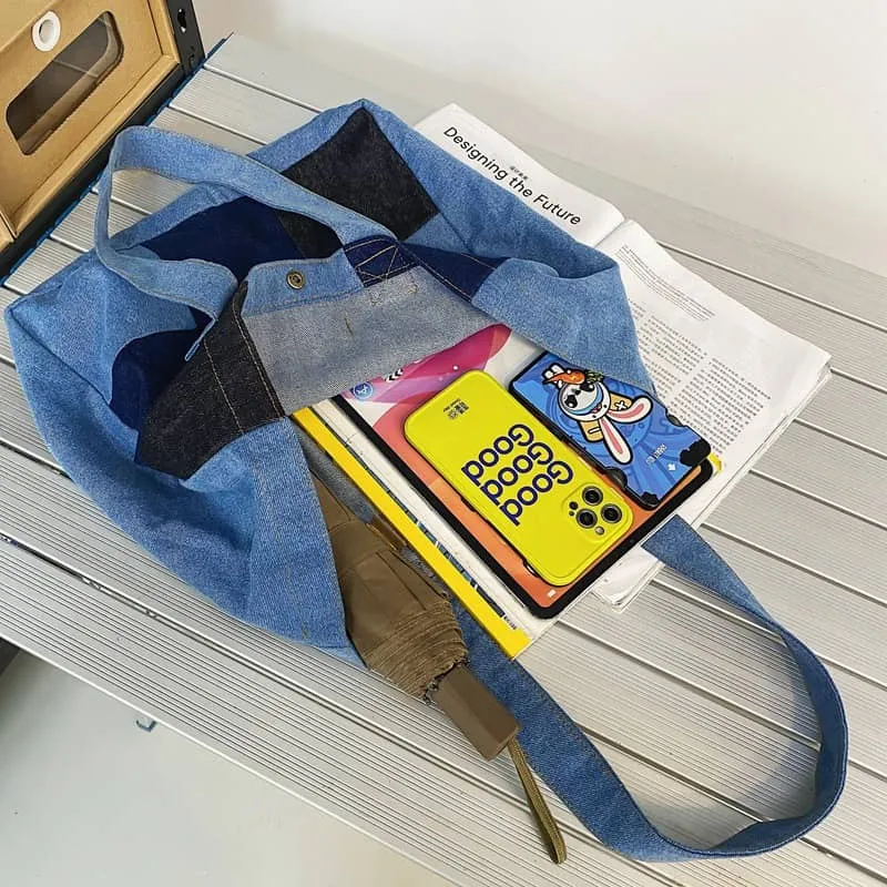 Color-block denim tote bag