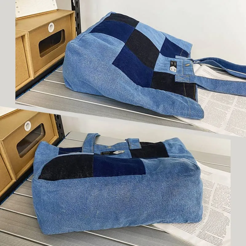 Color-block denim tote bag