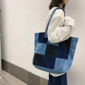 Color-block denim tote bag