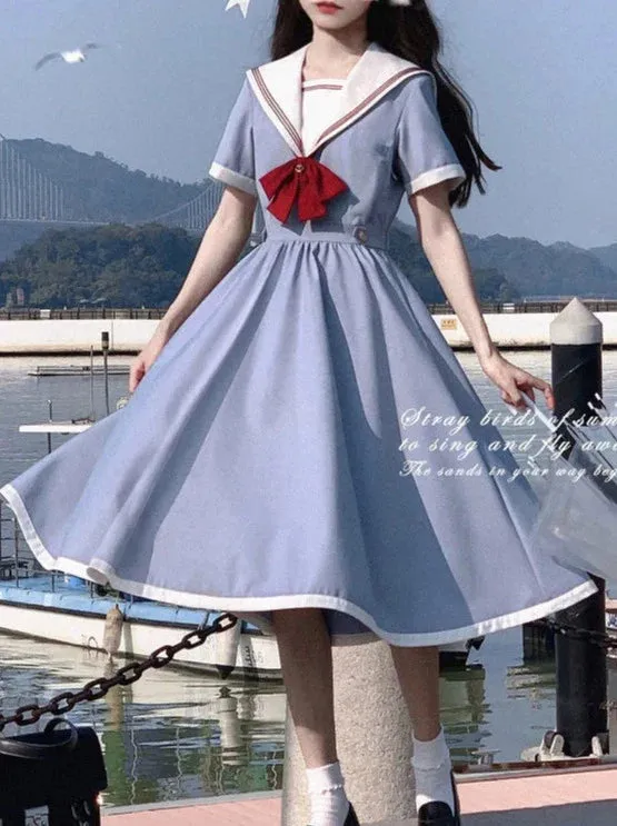 Color Sailor   Chamomile Ribbon Dress Elegant Blue Route Tie Gray