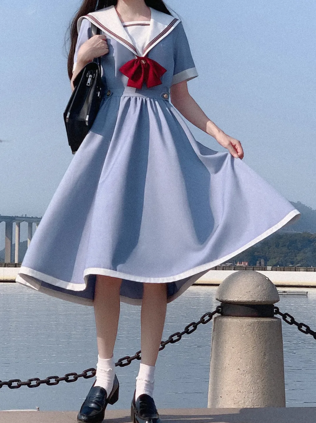 Color Sailor   Chamomile Ribbon Dress Elegant Blue Route Tie Gray
