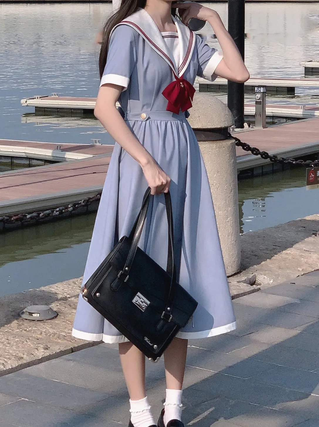 Color Sailor   Chamomile Ribbon Dress Elegant Blue Route Tie Gray