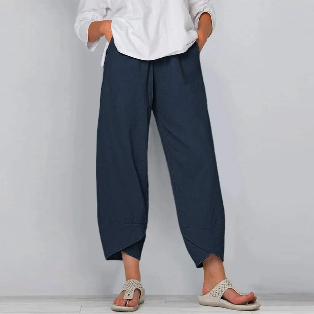 Cotton Linen Casual Summer Capri Pants Printed Cropped Comfy Baggy Trousers with Pockets Palazzo Lounge Pants