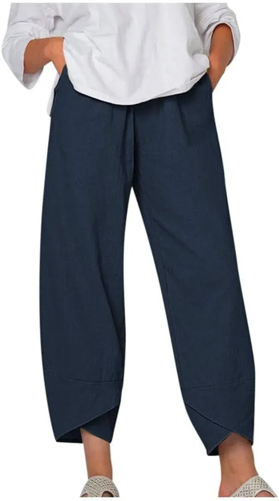 Cotton Linen Casual Summer Capri Pants Printed Cropped Comfy Baggy Trousers with Pockets Palazzo Lounge Pants
