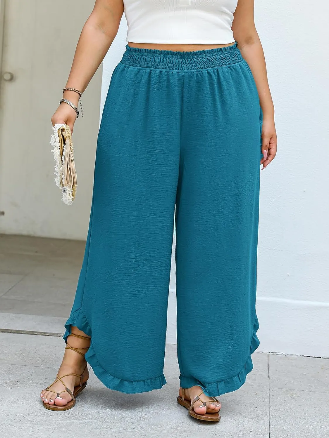 CUPSHE Women's Plus Size Wide Leg Pants Loose Trousers Flowy Straight Lounge Elastic Waist Palazzo Pants with Pockets