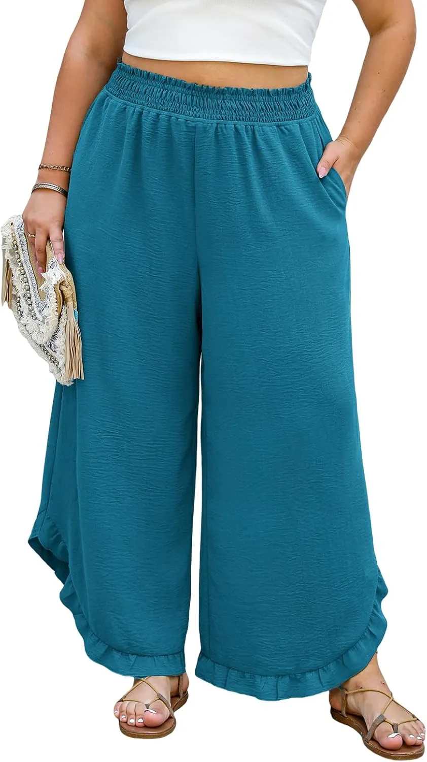 CUPSHE Women's Plus Size Wide Leg Pants Loose Trousers Flowy Straight Lounge Elastic Waist Palazzo Pants with Pockets