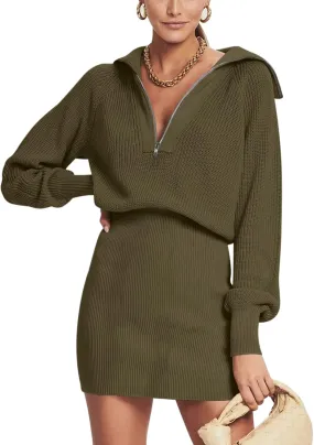DEEP SELF Women's Casual Long Sleeve Bodycon Sweater Dresses Fall Half Zip V Neck Slim Fit Ribbed Knitted Mini Dress