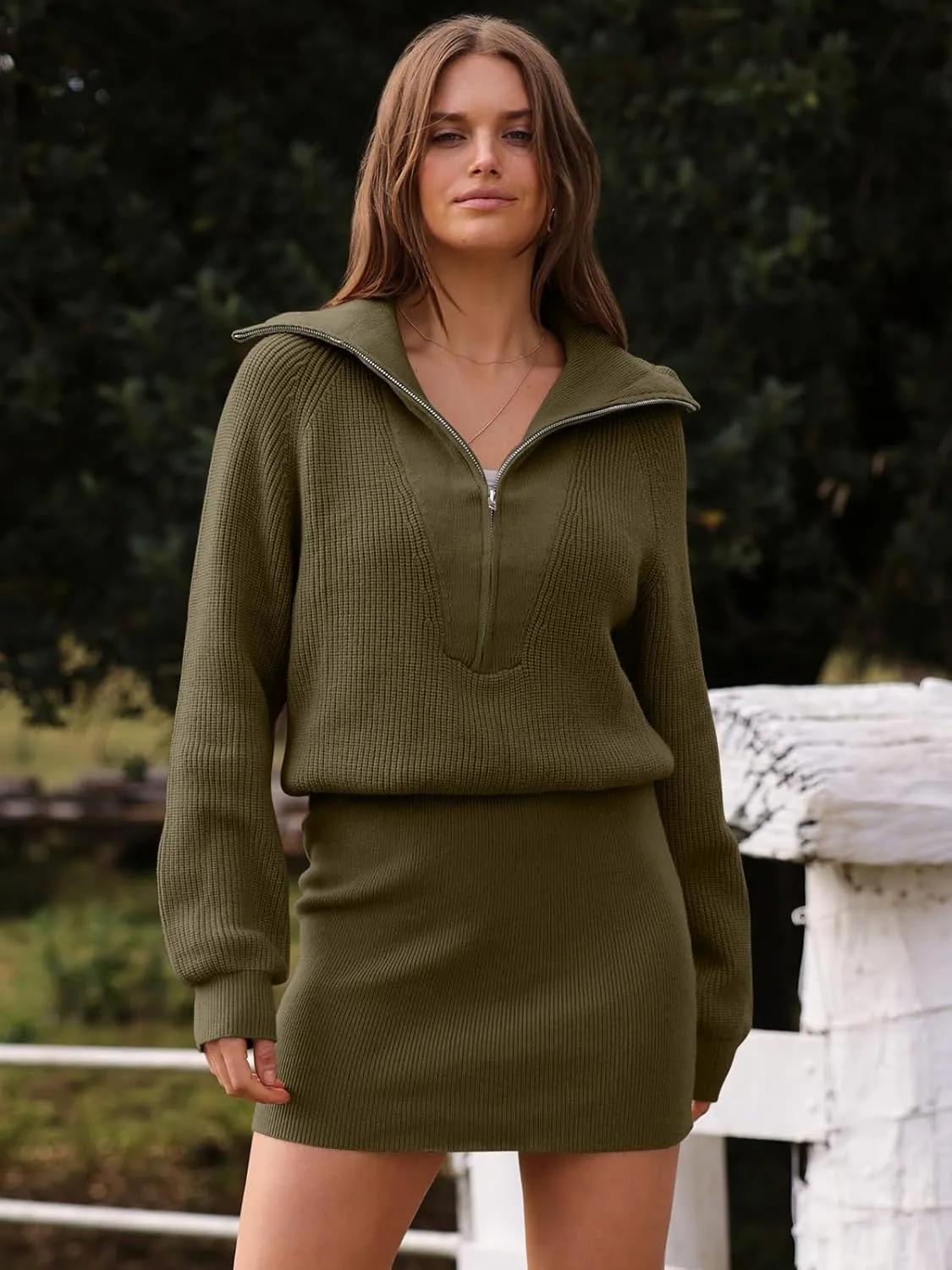 DEEP SELF Women's Casual Long Sleeve Bodycon Sweater Dresses Fall Half Zip V Neck Slim Fit Ribbed Knitted Mini Dress