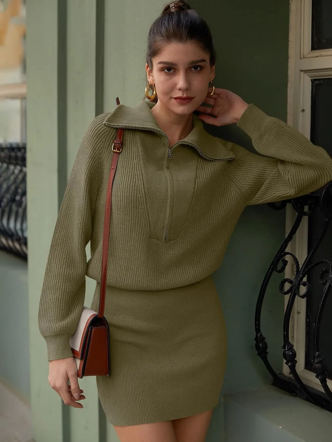 DEEP SELF Women's Casual Long Sleeve Bodycon Sweater Dresses Fall Half Zip V Neck Slim Fit Ribbed Knitted Mini Dress