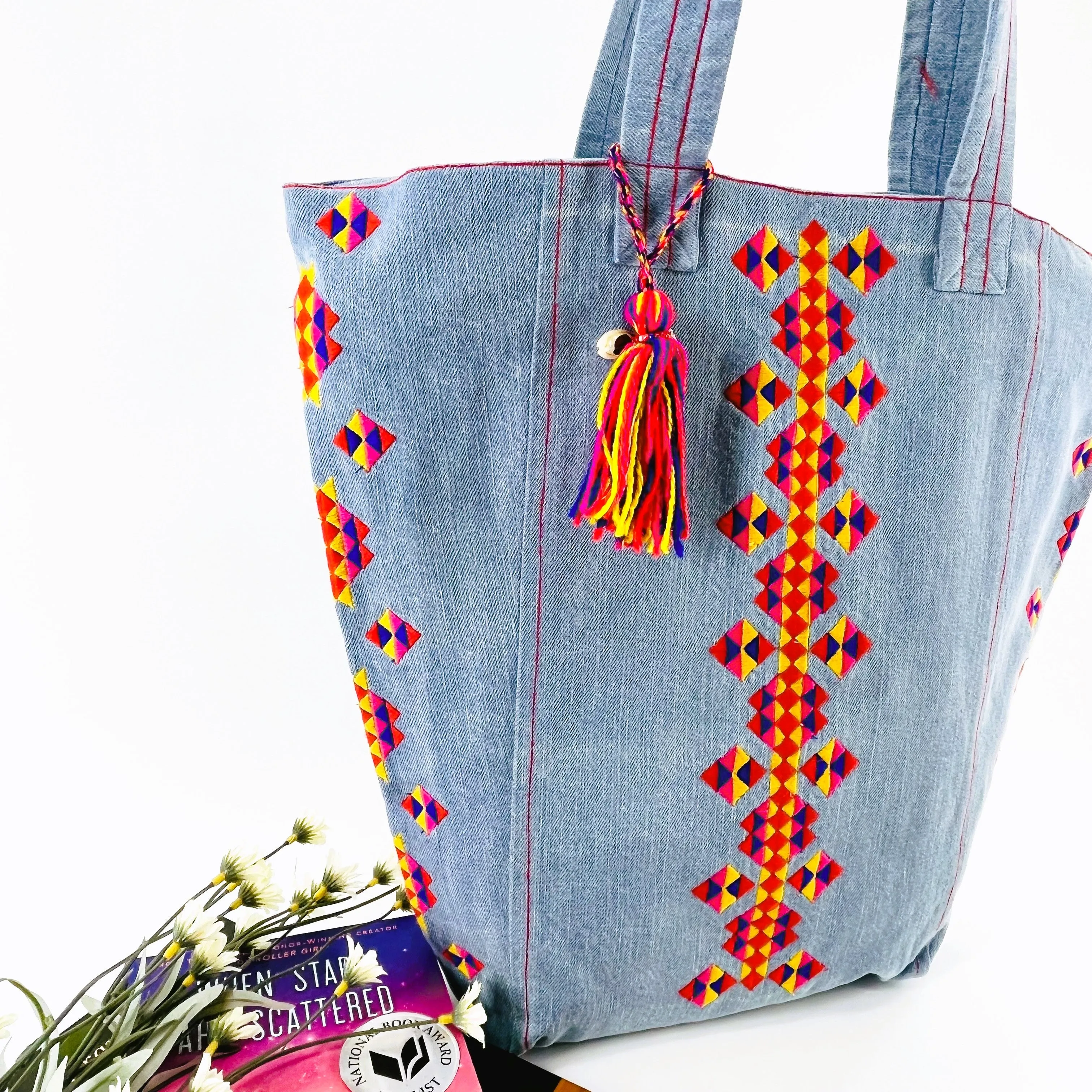 Denim Boho Embroidered Shoulder Bag