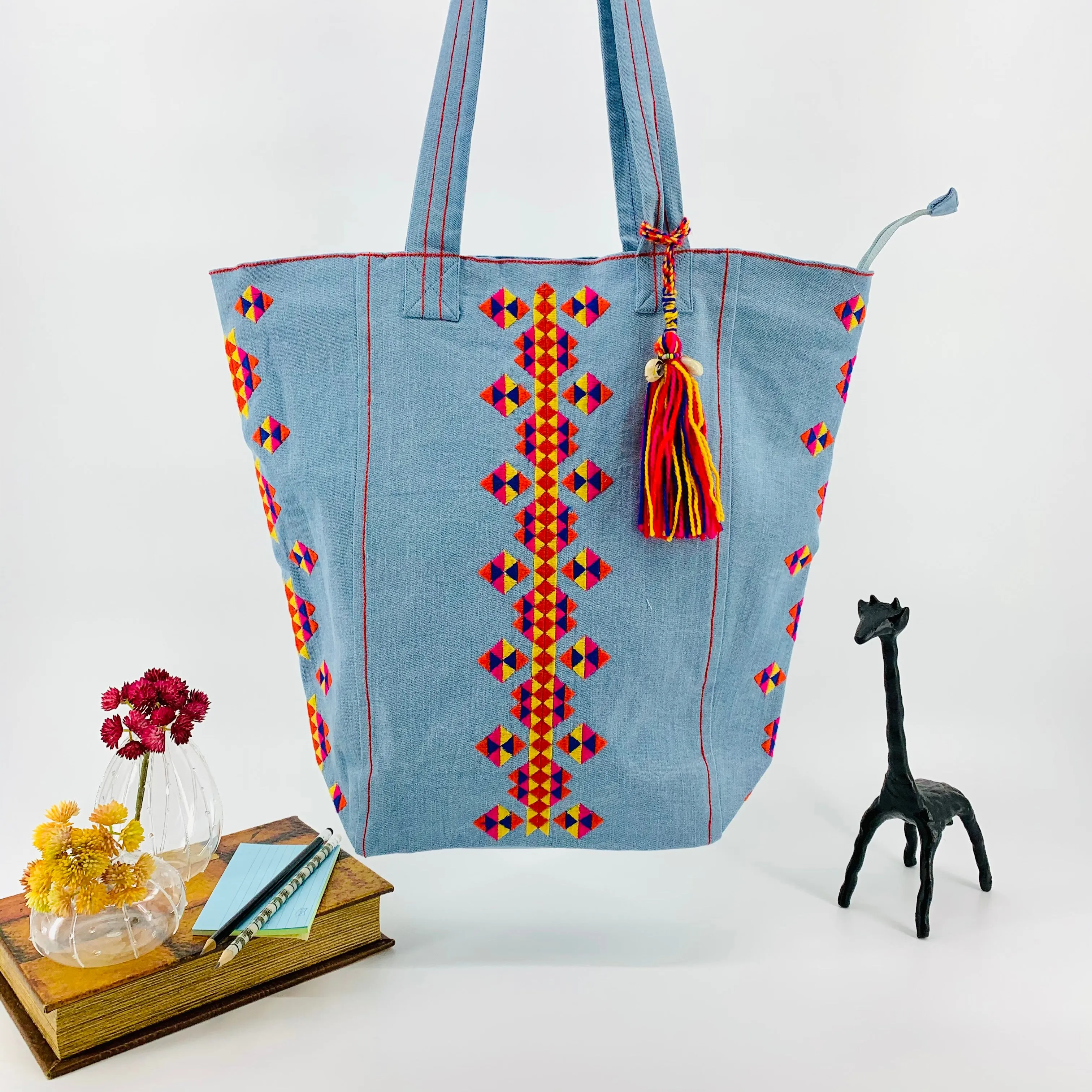 Denim Boho Embroidered Shoulder Bag