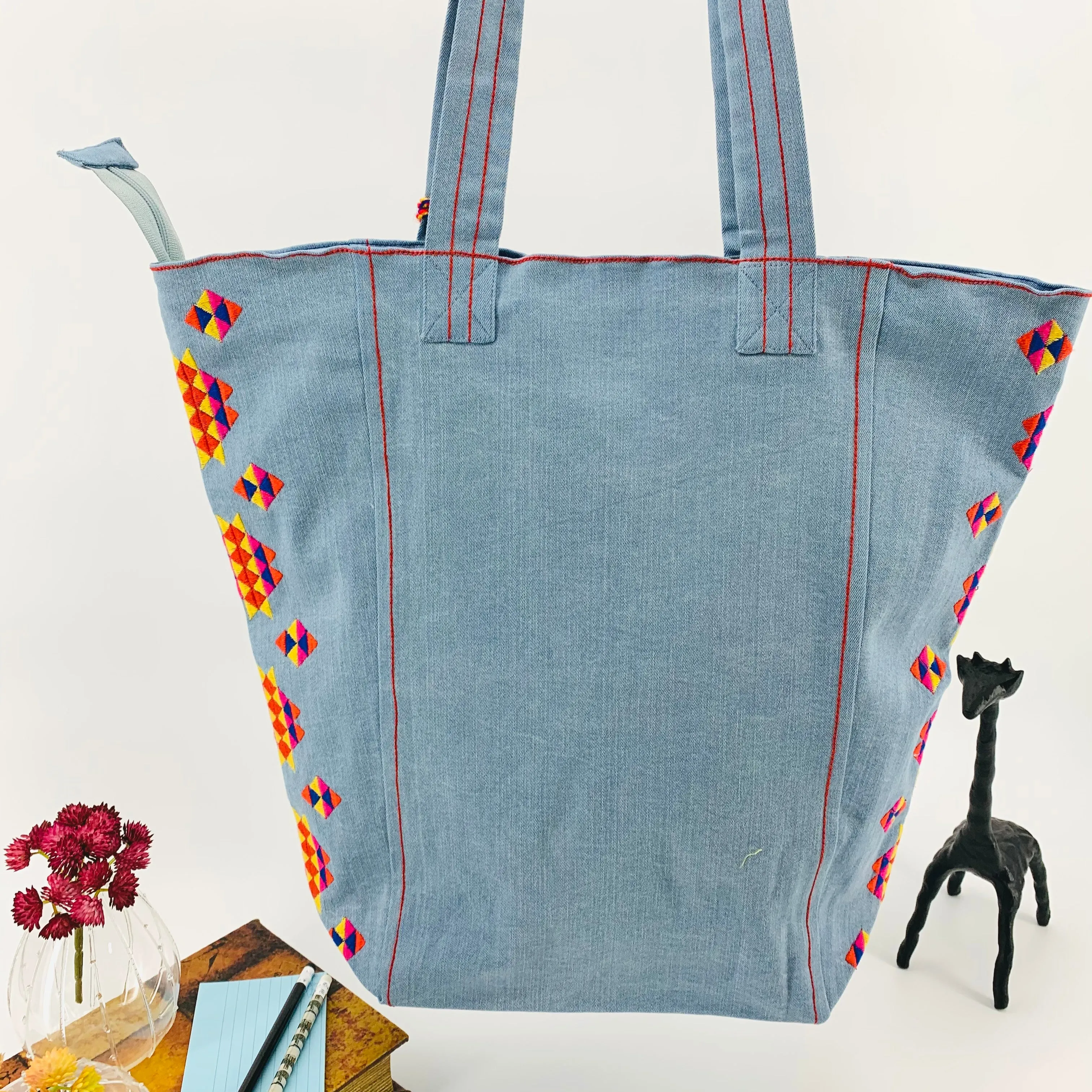 Denim Boho Embroidered Shoulder Bag