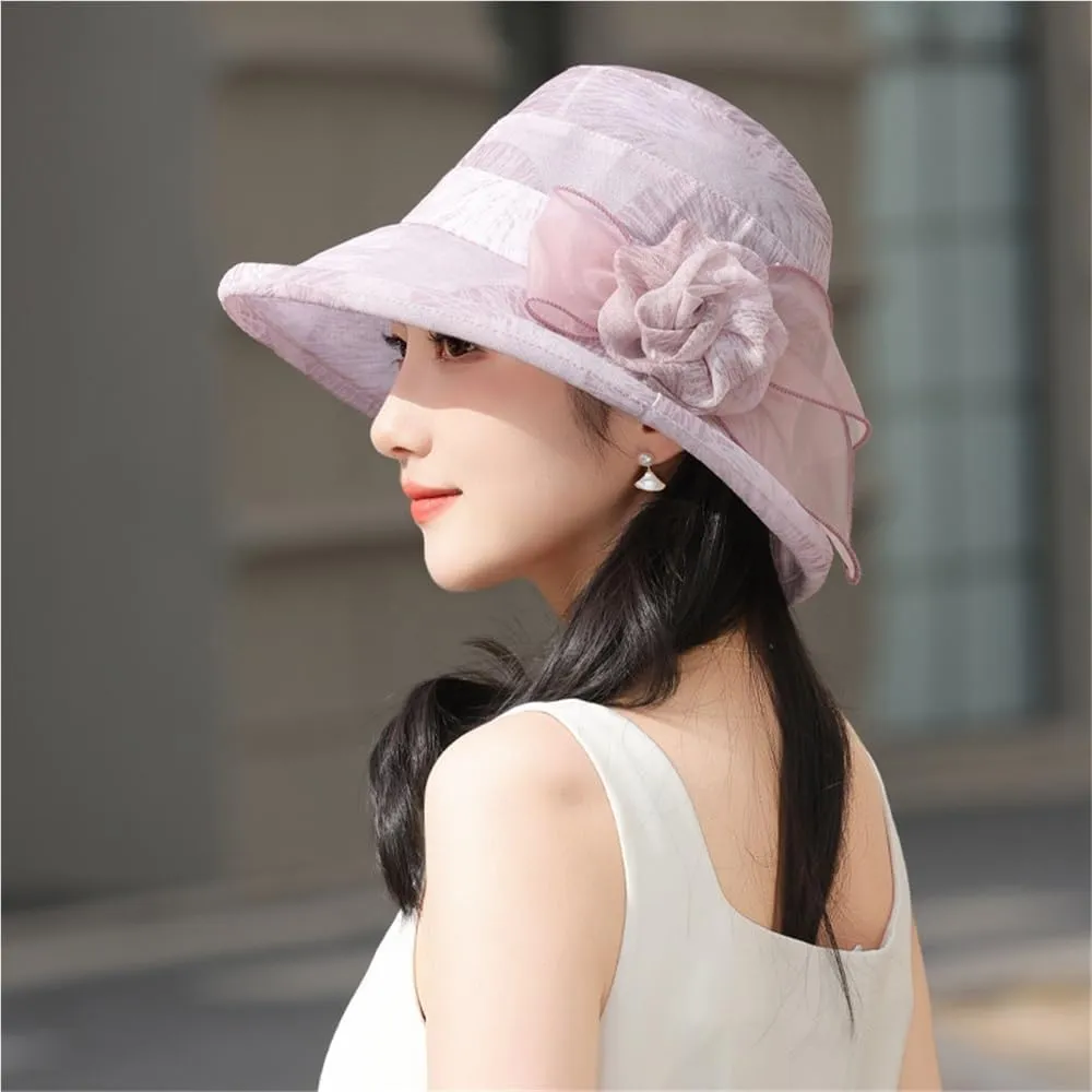 Elegant Flower Decoration Sun Hat Women Wide Brim Beach Bucket Cap Outdoor UV Protection Visor Hat Wedding Garden Hat