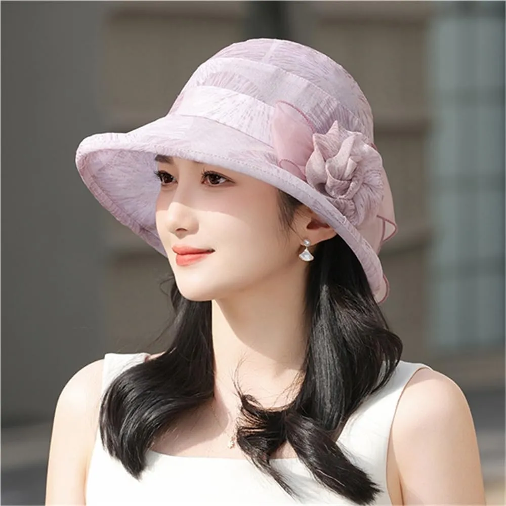 Elegant Flower Decoration Sun Hat Women Wide Brim Beach Bucket Cap Outdoor UV Protection Visor Hat Wedding Garden Hat