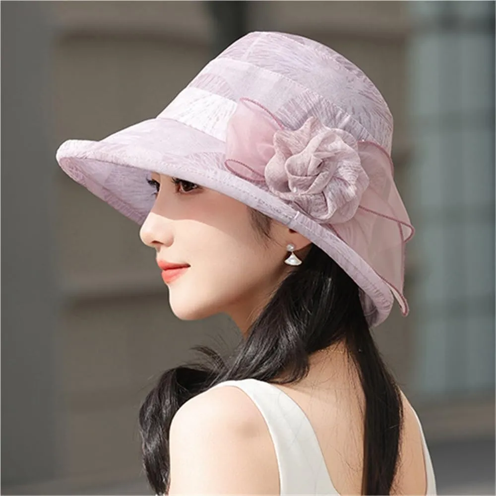 Elegant Flower Decoration Sun Hat Women Wide Brim Beach Bucket Cap Outdoor UV Protection Visor Hat Wedding Garden Hat