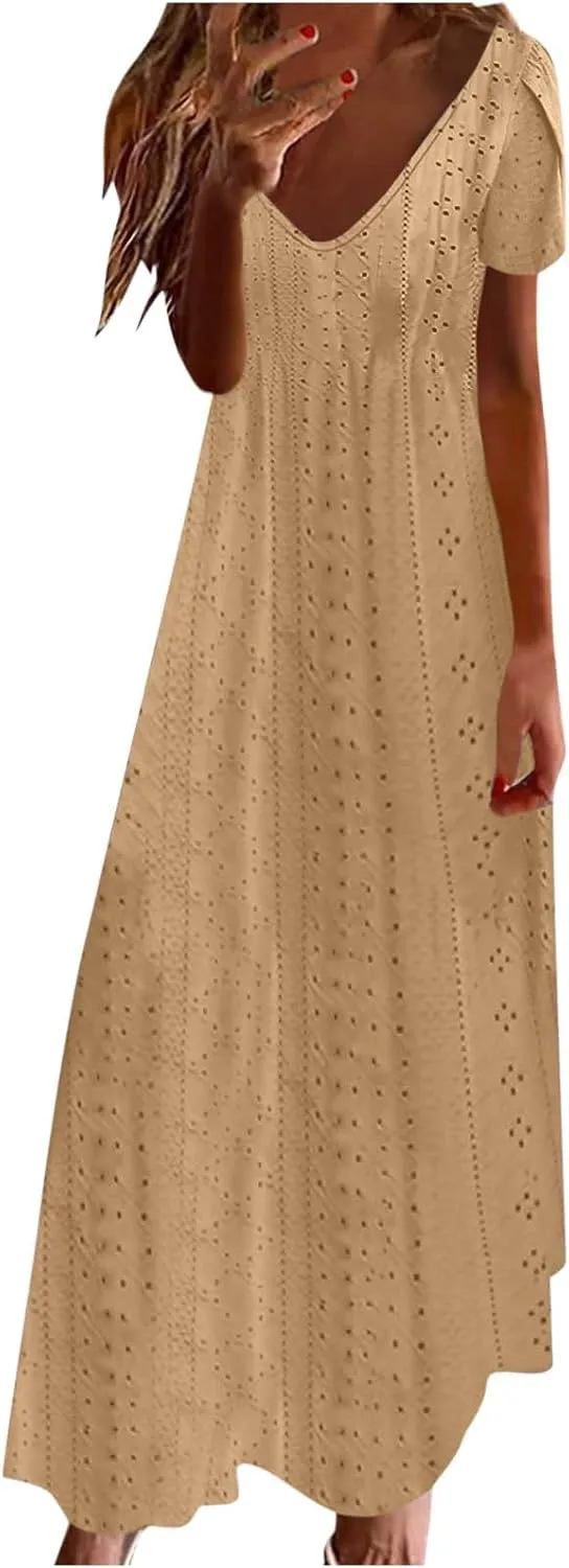 Eyelet Summer Dress for Women 2025 Beach Vacation Maxi Sundress Petal Sleeves Tshirts Dress A Line Flowy Long Dress
