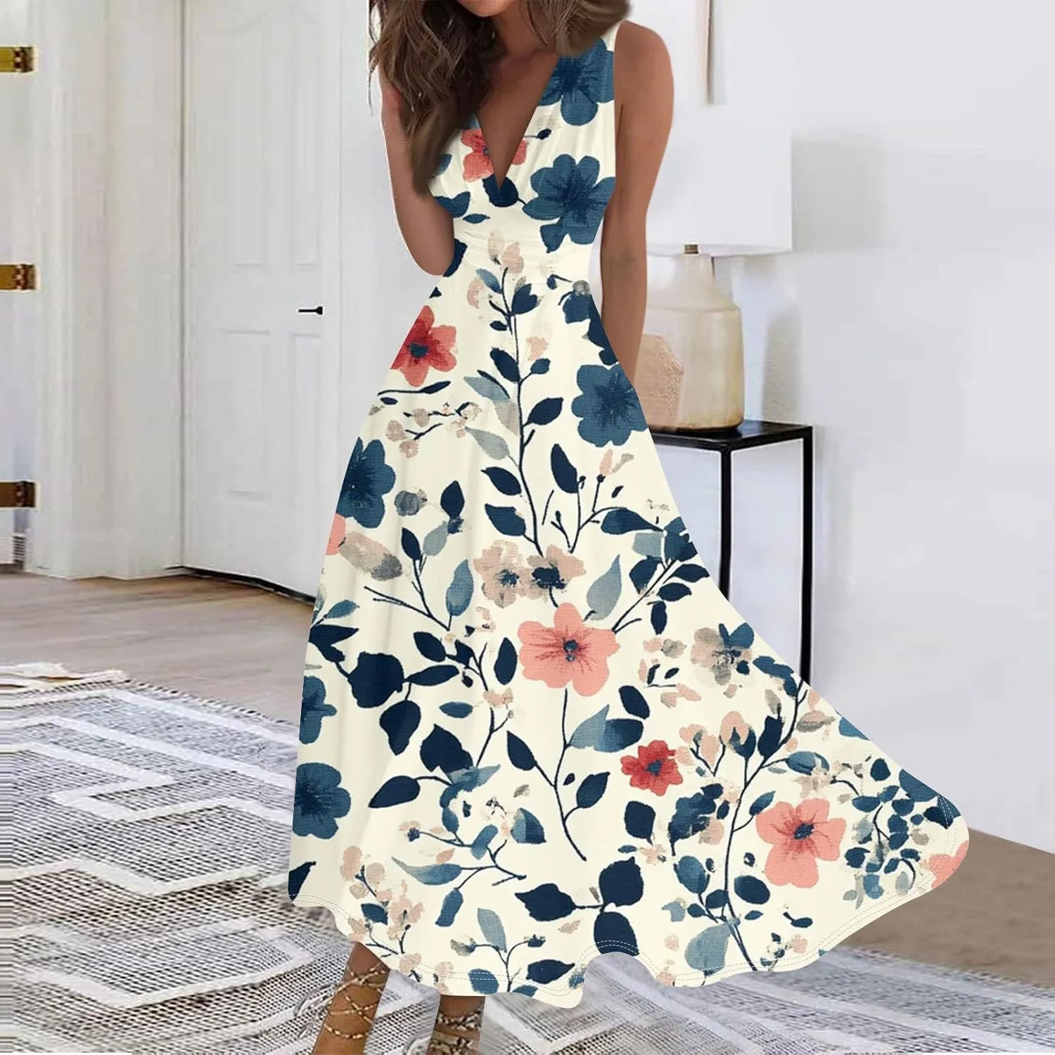 Flowy Summer Dresses for Women, Bohemian Beach Vacation Boho Floral 2025 Long Sundress