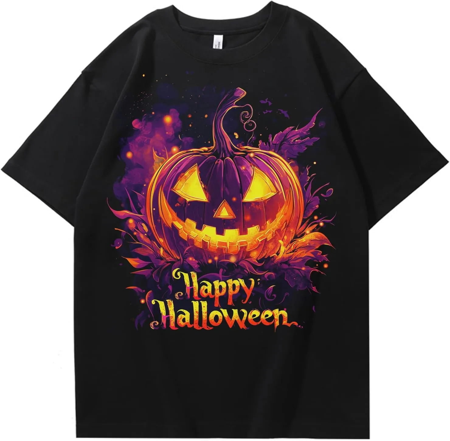 Halloween Oversized Black Cotton T-Shirt with Pumpkin Face Print, Soft & Breathable, Thick Crew Neck Tee for Men and Women