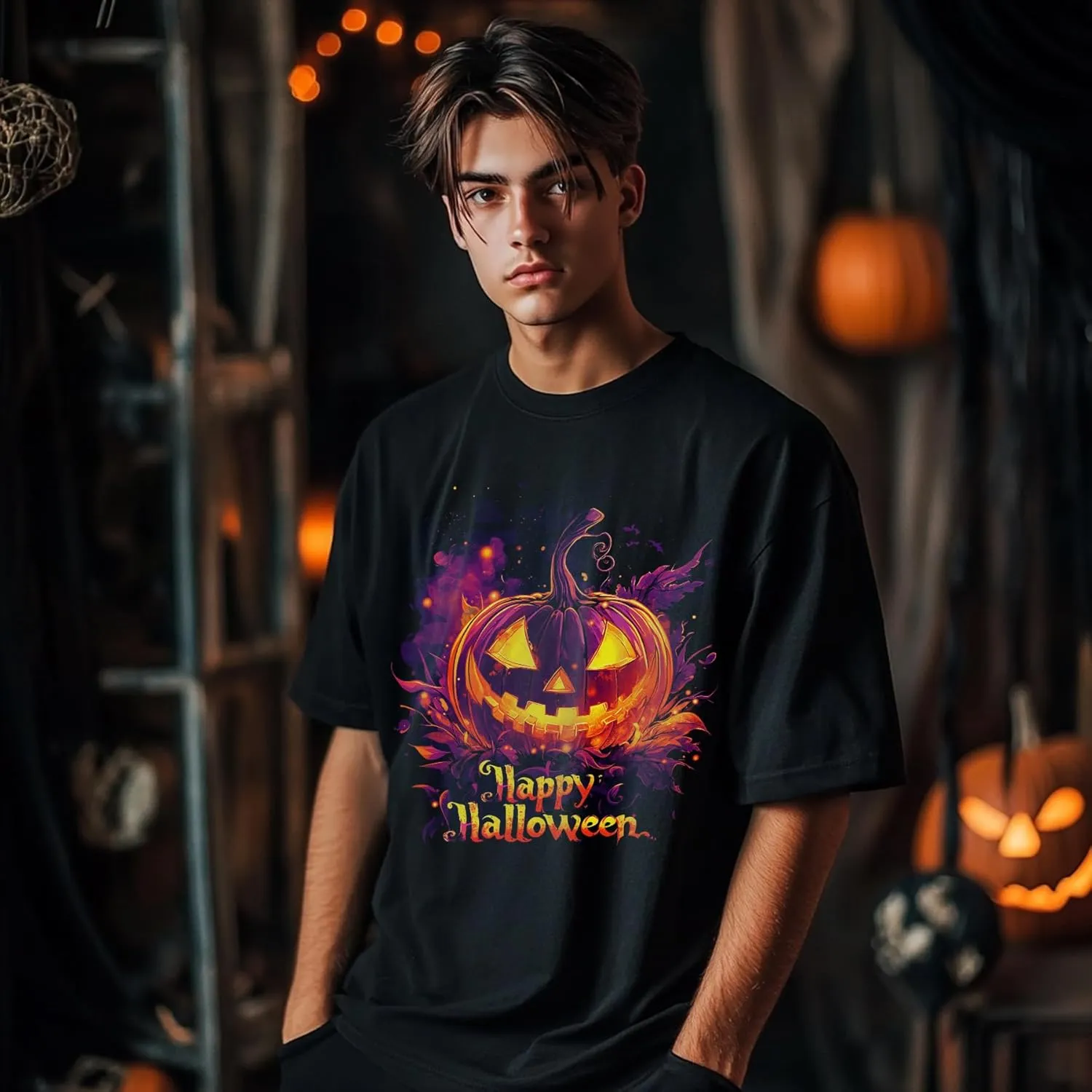 Halloween Oversized Black Cotton T-Shirt with Pumpkin Face Print, Soft & Breathable, Thick Crew Neck Tee for Men and Women
