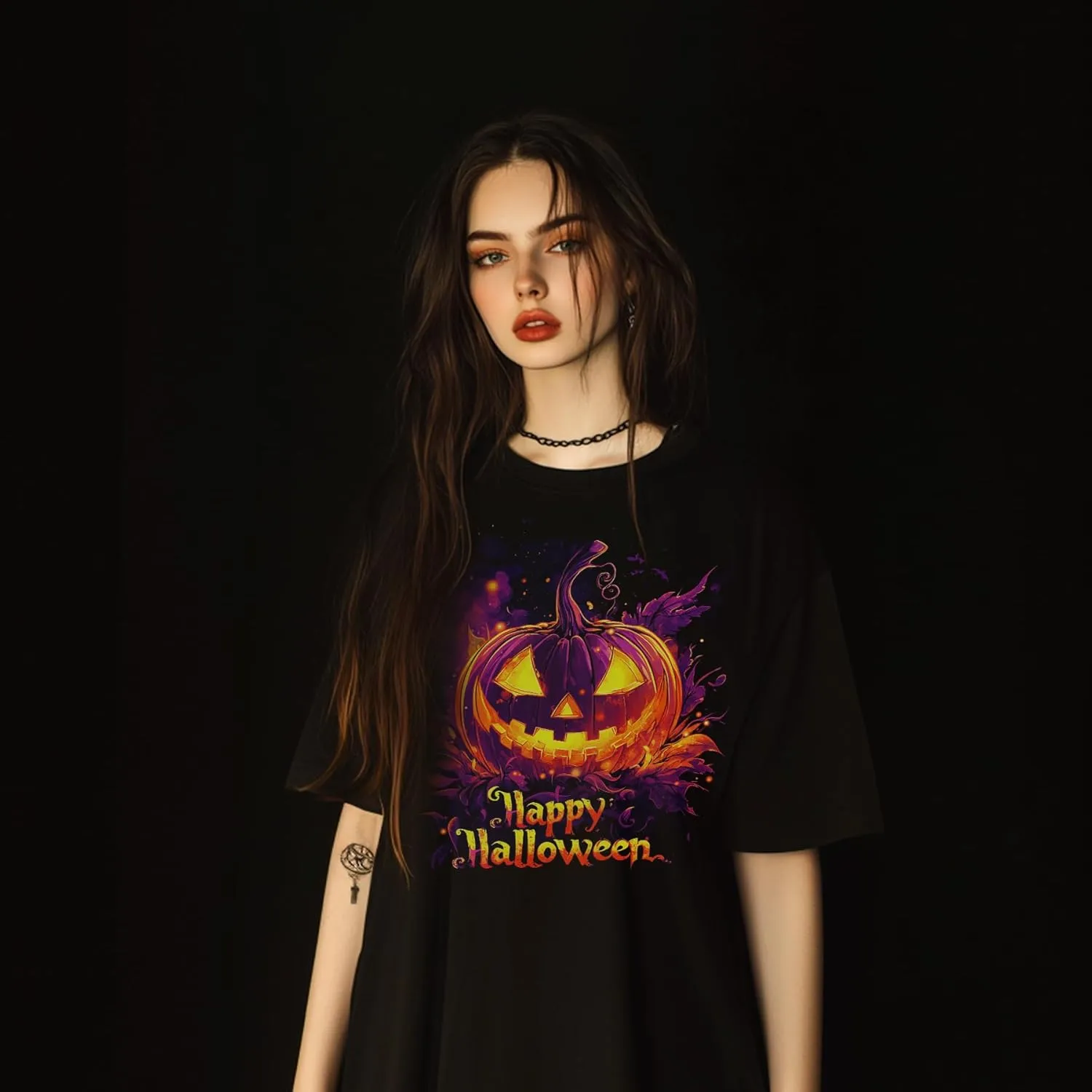 Halloween Oversized Black Cotton T-Shirt with Pumpkin Face Print, Soft & Breathable, Thick Crew Neck Tee for Men and Women