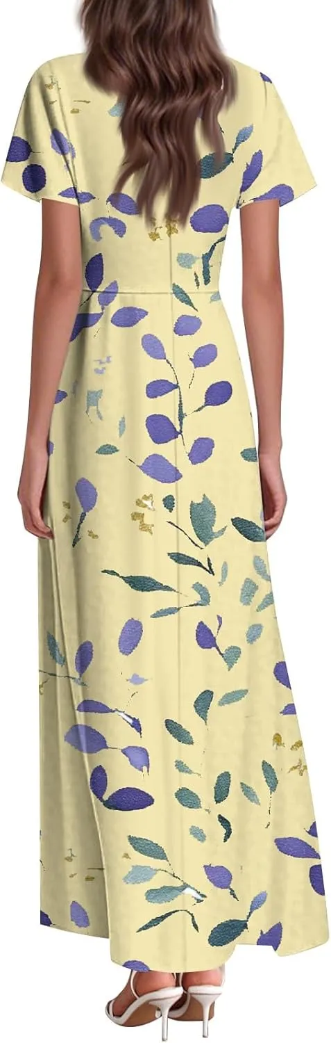 JJHAEVDY Summer Dresses for Women Loose Short Sleeve Dress V Neck Casual Maxi Dress Print Flowy Swing Beach Vacation Dress