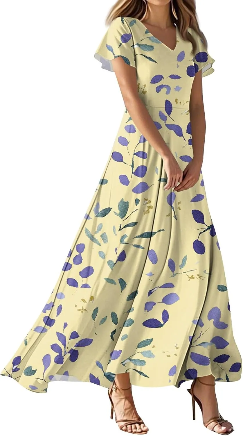 JJHAEVDY Summer Dresses for Women Loose Short Sleeve Dress V Neck Casual Maxi Dress Print Flowy Swing Beach Vacation Dress