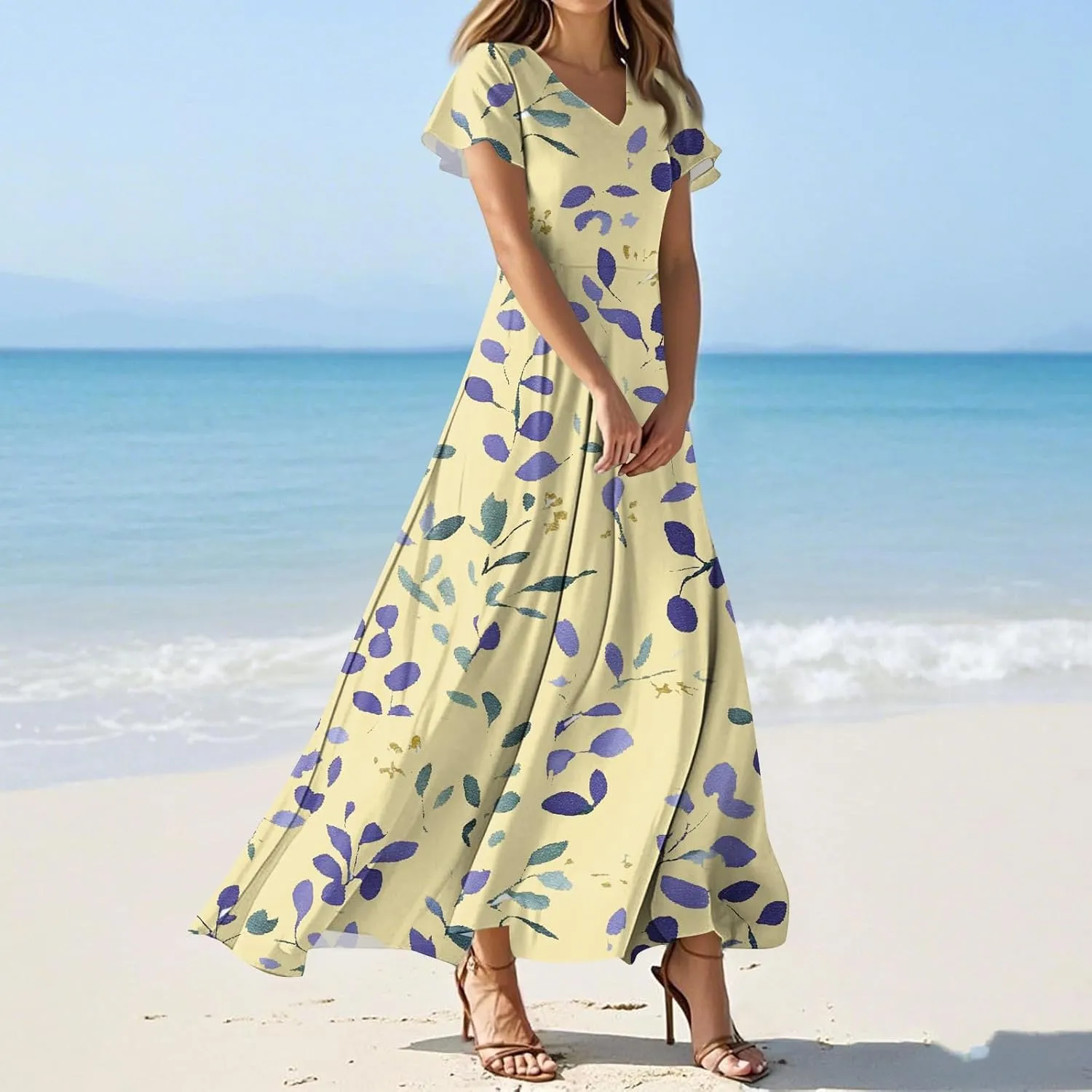 JJHAEVDY Summer Dresses for Women Loose Short Sleeve Dress V Neck Casual Maxi Dress Print Flowy Swing Beach Vacation Dress