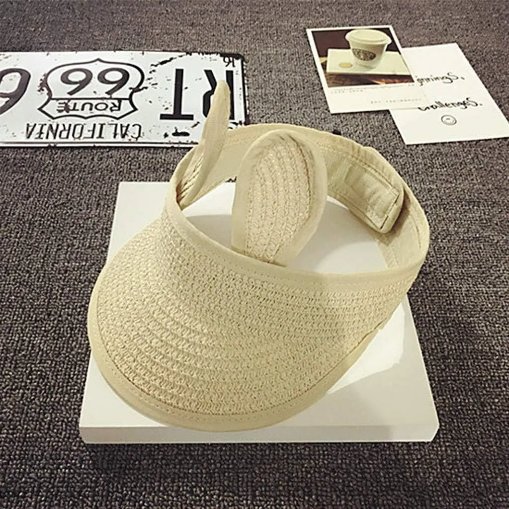 Kids Empty Top 𝗦traw Sun Visor Hat Summer Folding Baby Girl Boy Adjustable Bunny Ear Shape Wide Brim Cap